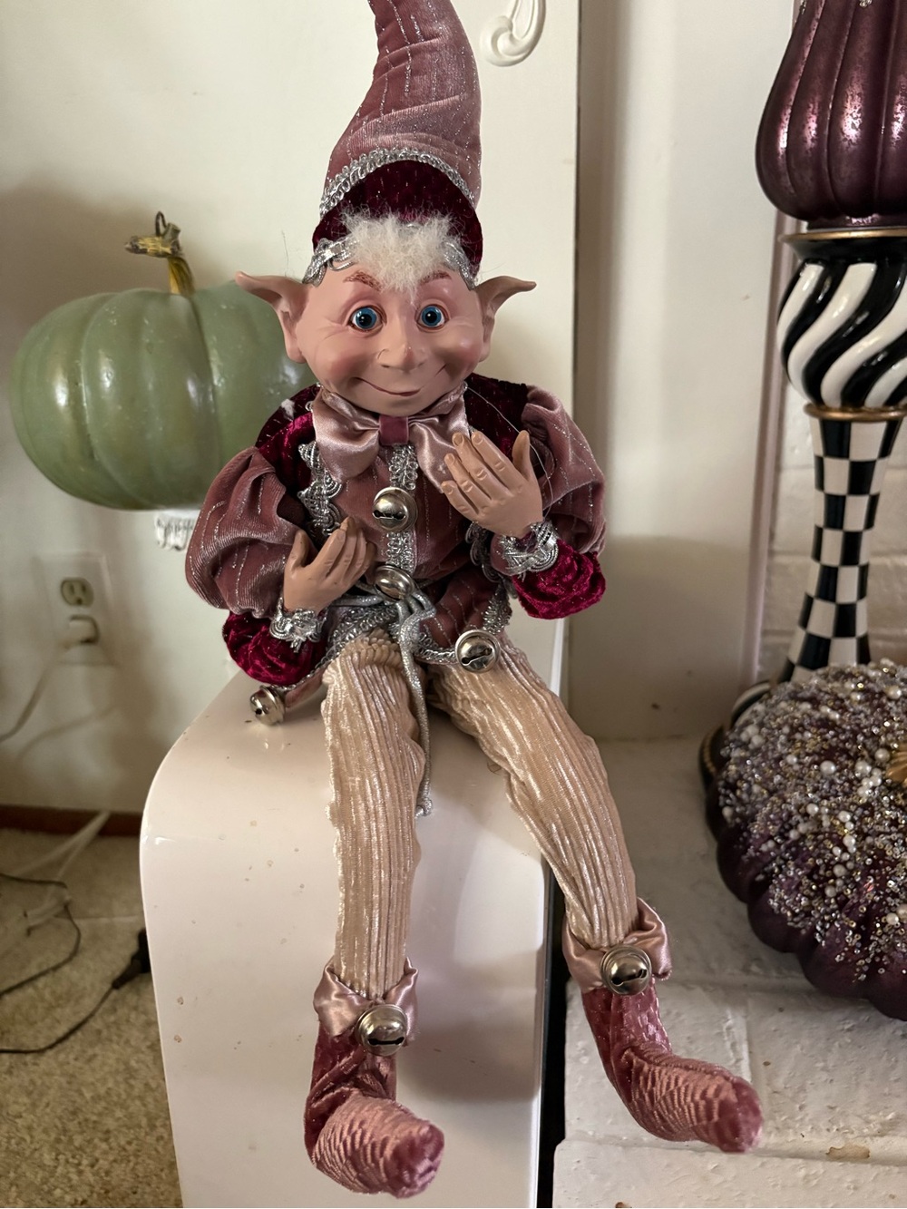 Kurt Adler Velvet Elf Doll in Dusty Rose, Burgundy and Cream
